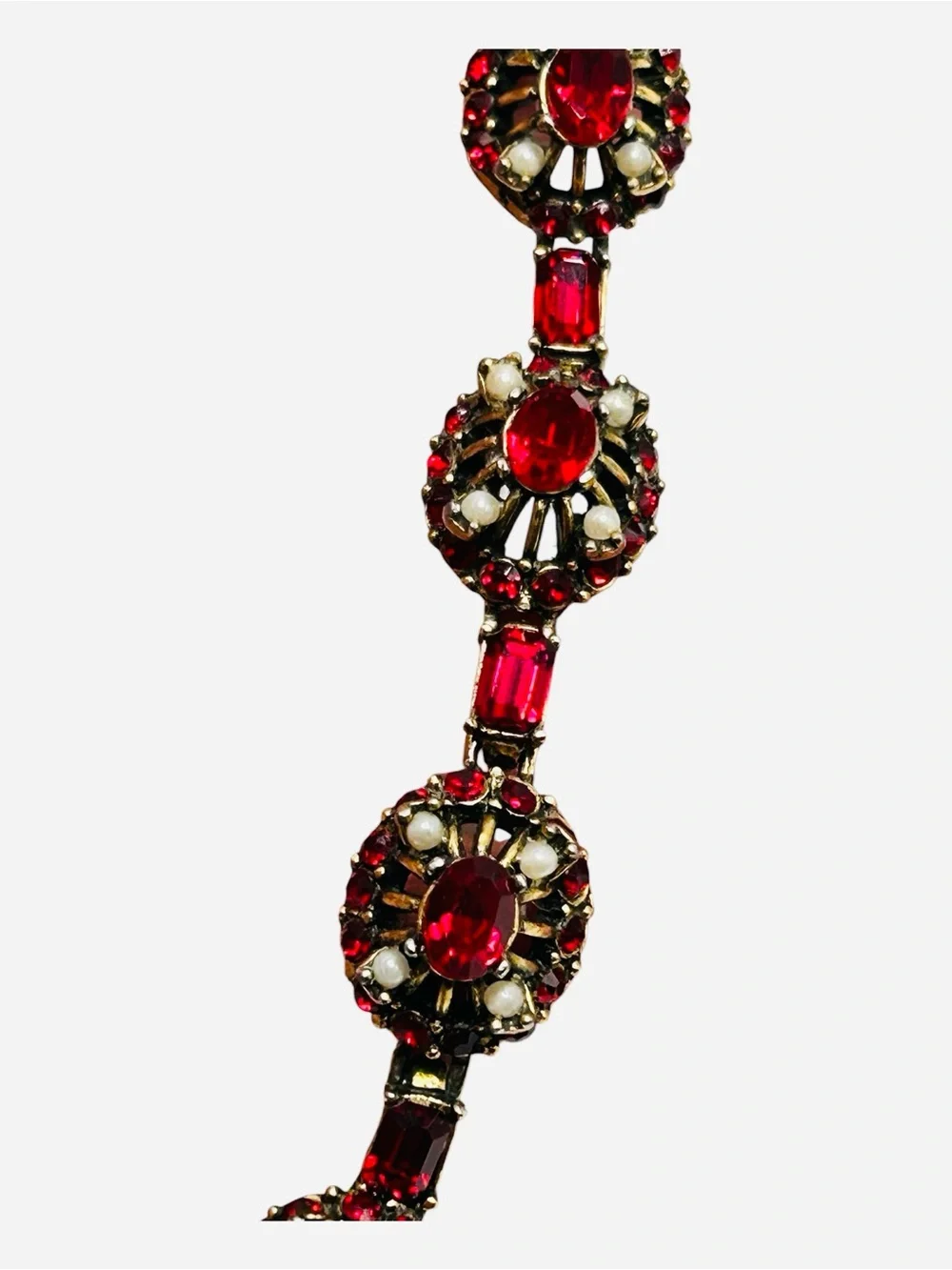 Vintage Hollycraft Red Rhinestone and Faux Pearl Bracelet and Earring Set